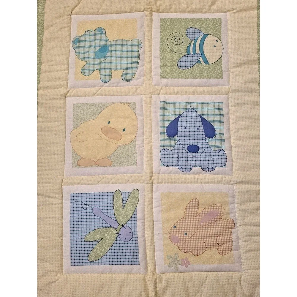 VINTAGE Carters Tykes Baby Blanket Quilt Bee Duck Chick Dog Bunny Squares Ruffle
